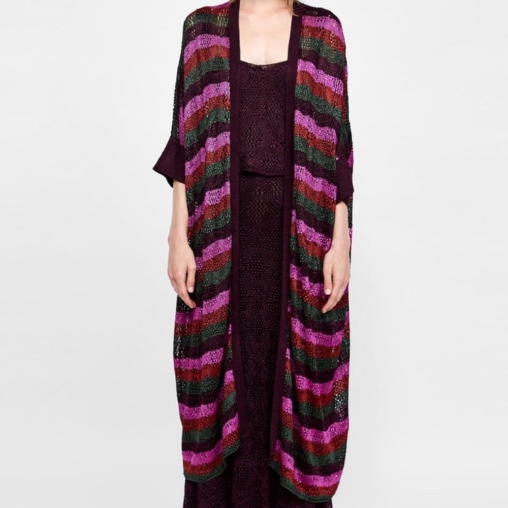Zara crochet open long cardigan in multicolor stripes